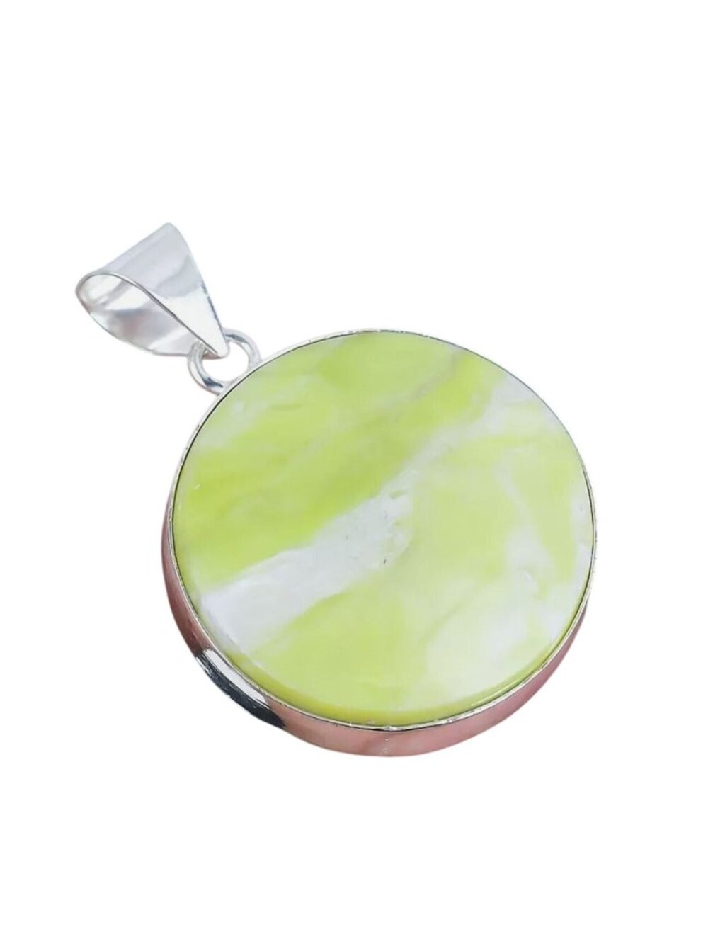 Round Lime Green & White Opal Silver Plated Pendant